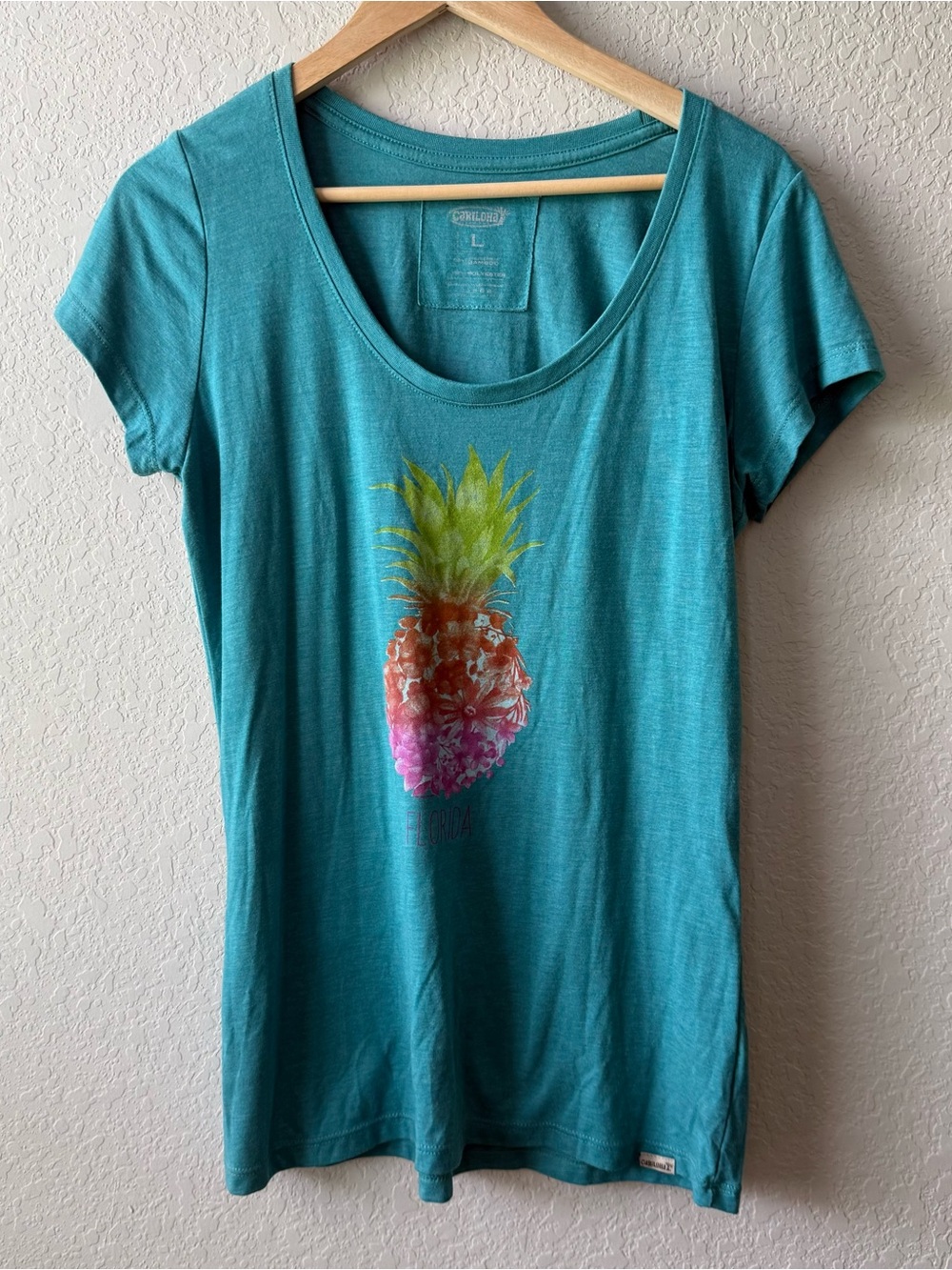 Cariloha Teal Short Sleeve Scoop Neck Tee with Pineapple Florida Graphic